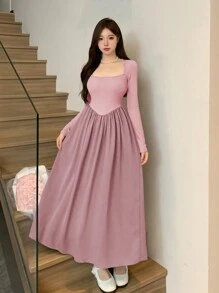 DAZY Váy hai dây viền bất đối xứng trơn kèm áo khoác Bolero, Quần áo nữ mùa thu - Hồng - Xem 3