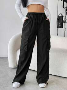 SHEIN Unity Flap Pocket Side Drawstring Waist Cargo Pants - Black - View 1