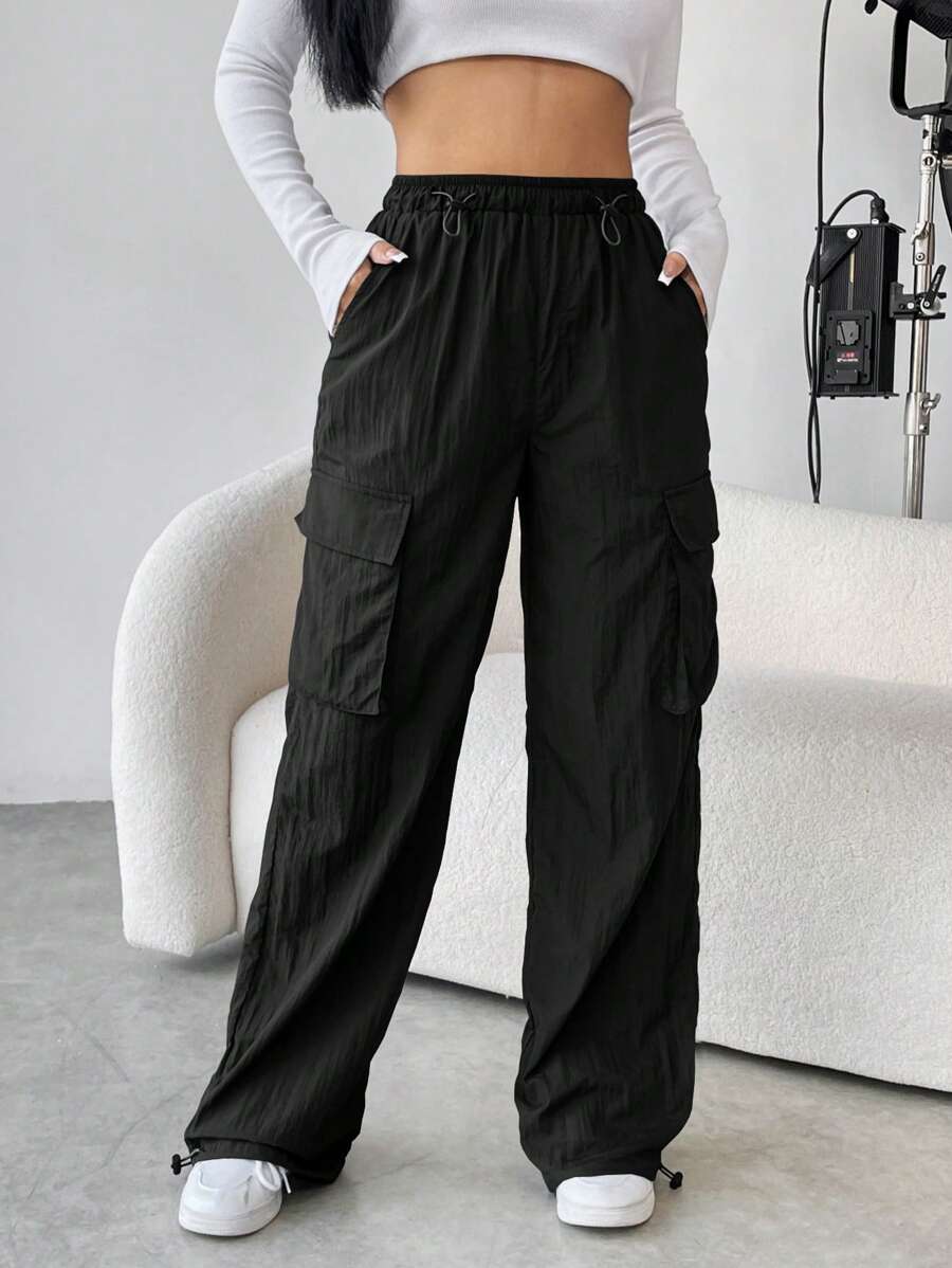 SHEIN Unity Flap Pocket Side Drawstring Waist Cargo Pants - Black - View 1