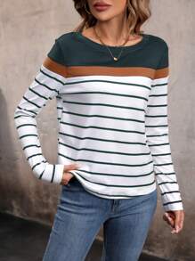EMERY ROSE Striped Print Colorblock Tee Graphic Tees Women Tops Fall Cloth For Women - Dark Green - View 5