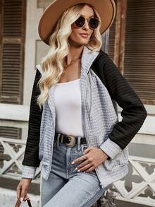 SHEIN Unity Colorblock Raglan Sleeve Zip Up Hooded Jacket - Light Grey - View 3