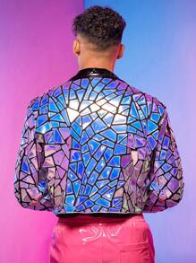 FeverCity Men Holographic Geo Biker Jacket - Pink - View 2