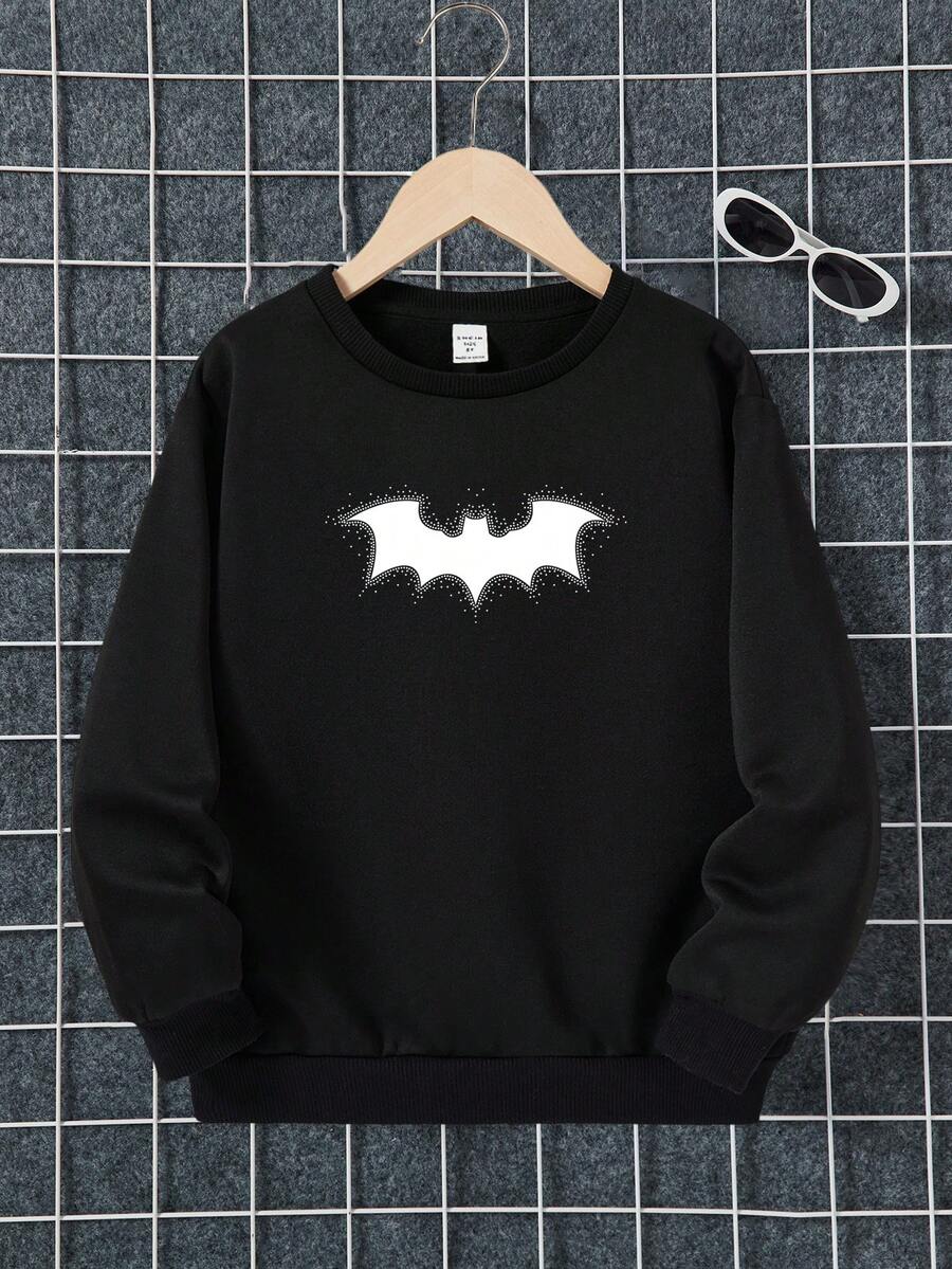 男大童蝙蝠圖案加絨內裏運動衫 - 黑色 - 查看 1