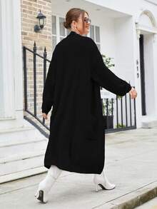 SHEIN LUNE Plus Solid Dual Pocket Longline Cardigan - Black - View 2