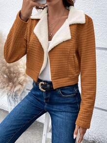 SHEIN LUNE Cổ áo Lót Teddy Áo Jacket Crop - Cà phê nâu - Xem 5