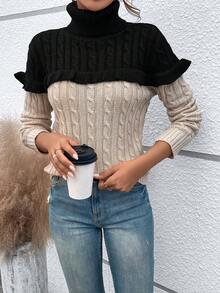 SHEIN Essnce Two Tone Turtleneck Ruffle Trim Cable Knit 2 In 1 Sweater - Multicolor - View 5