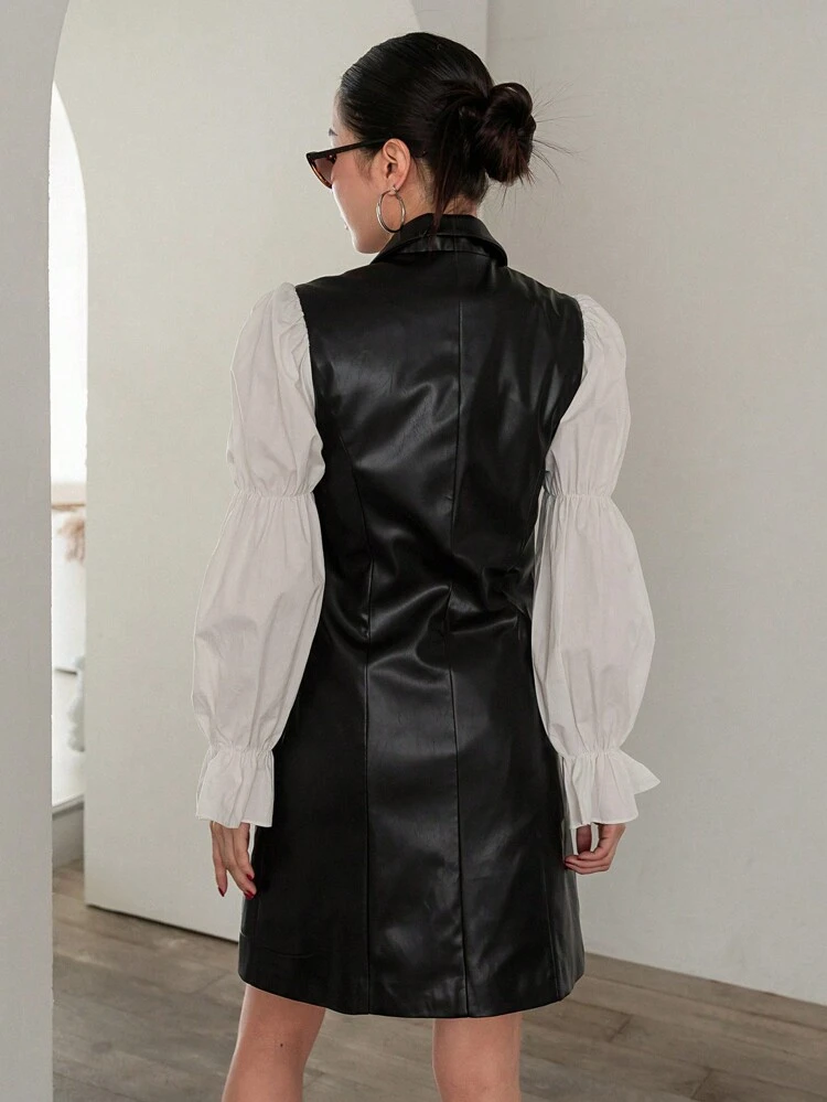 Two Tone Flare Sleeve Double Breasted PU Leather Coat,Ruffle,Fall Clothes Women Jacket