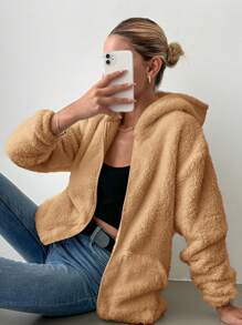 EURMUSE 女士前拉鍊帽裝毛絨針織外套 - 駝色 - 查看 3