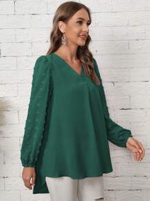 SHEIN LUNE 圓點燈籠袖高低下擺襯衫 - 墨綠色 - 查看 5