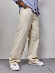 Manfinity Hypemode Men Drawstring Waist Straight Leg Jeans - Khaki - View 4