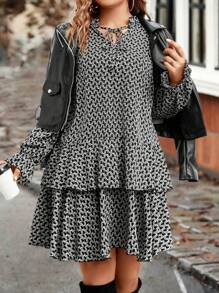 Calvaya Plus Allover Print Flounce Sleeve Layer Hem Dress - Multicolor - View 4