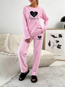 SHEIN Cottnline Heart & Letter Embroidery Flannel PJ Set - Pink - View 4