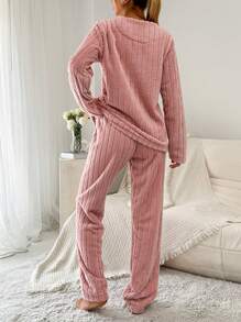 SHEIN Cottnline Panda Embroidery Flannel PJ Set - Coral Pink - View 2