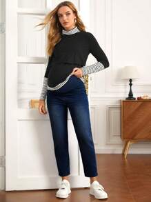 SHEIN 孕婦寬帶腰部媽媽適合牛仔褲 - 深色水洗藍 - 查看 3