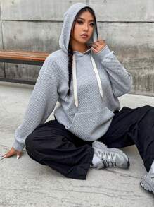 Flirla Áo nỉ thể thao và thường ngày cỡ lớn với họa tiết dệt nổi, kiểu áo nỉ chui đầu mùa thu. - Xám - Xem 3