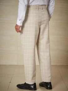 Calvornis Men Plus Plaid Print Slant Pocket Suit Pants - Khaki - View 2