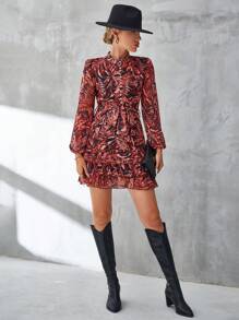SHEIN Clasi 熱帶圖案燈籠袖荷葉邊繫腰帶洋裝 - 彩色 - 查看 3