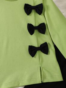 Young Girl Bow Front Split Hem Sweatshirt & Heart Print Pants - Mint Green - View 6