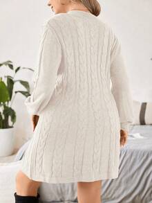Calvaya Plus Cable Knit Lantern Sleeve Sweater Dress - Apricot - View 2