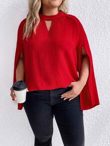 SHEIN Clasi Hơn Đường viền lỗ khóa Tách tay áo Áo sơ mi - Đỏ - Xem 5