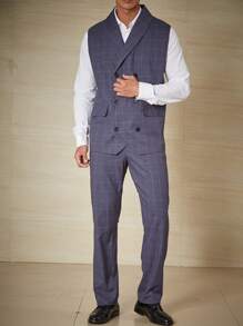 Calvornis Men Plus Plaid Double Breasted Waistcoat & Suit Pants Set Without Shirt - Blue - View 1