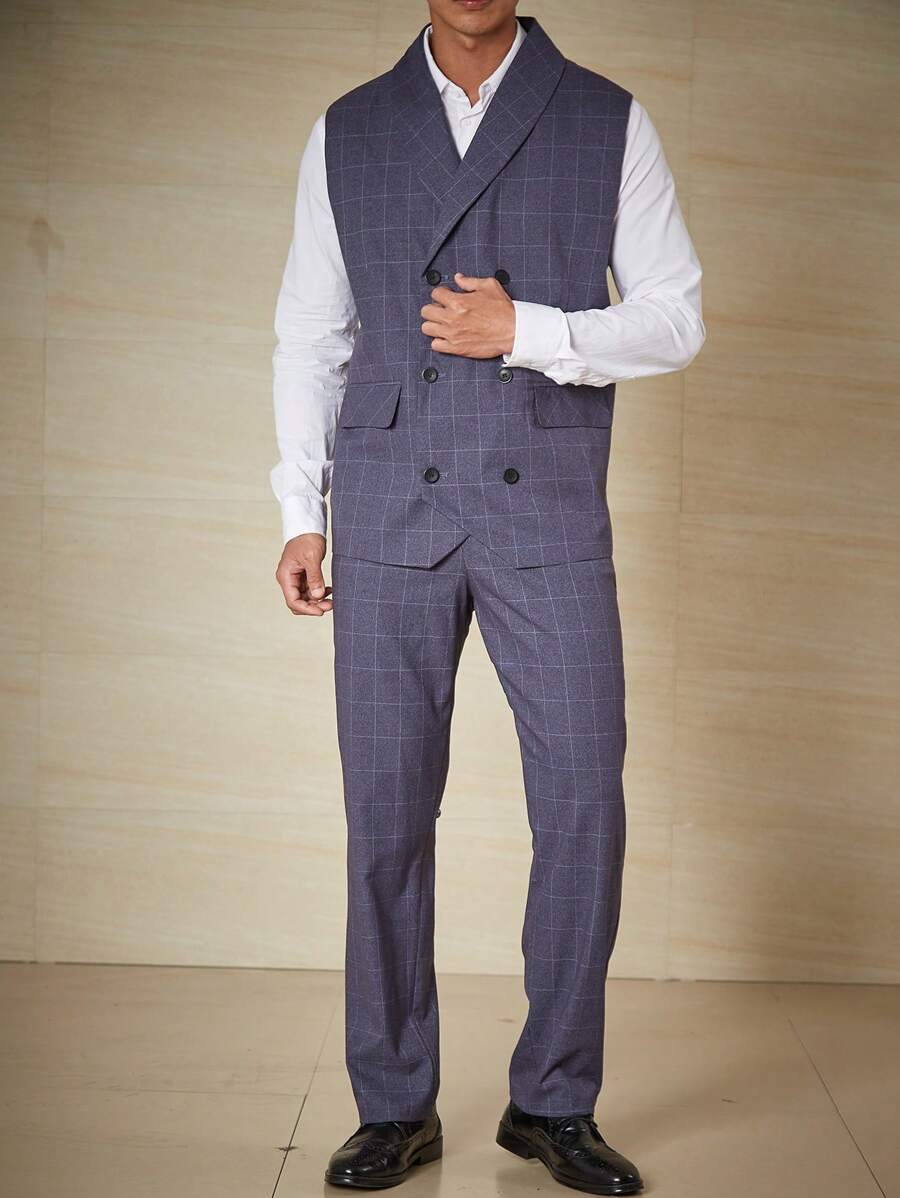 Calvornis Men Plus Plaid Double Breasted Waistcoat & Suit Pants Set Without Shirt - Blue - View 1
