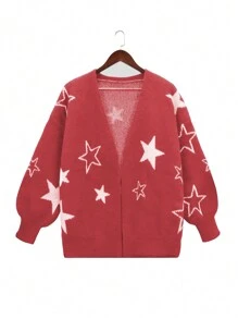 SHEIN Unity Plus Star Pattern Drop Shoulder Cardigan Fall Cloth For Women - Red - View 1