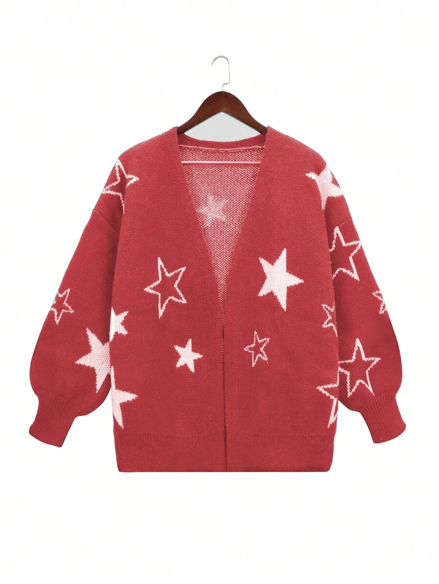 SHEIN Unity Plus Star Pattern Drop Shoulder Cardigan Fall Cloth For Women - Red - View 1