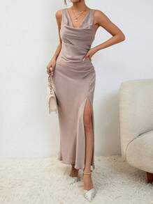 SHEIN BAE Draped Collar Split Thigh Dress - Khaki - View 1