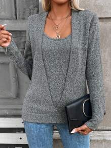 SHEIN LUNE 混色针织套头衫秋冬毛衣 - 灰色 - 查看 1