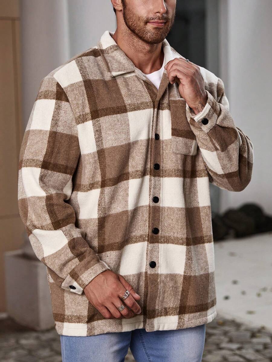 Manfinity Homme Men Plus Plaid Print Button Front Shacket - Multicolor - View 1