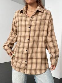 SHEIN Unity Áo sơ mi kẻ caro tay dài cài nút phía trước dáng rộng thoải mái đa năng - Màu Khaki - Xem 6