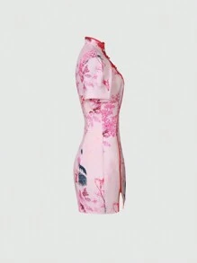 Sweetra Floral Print Contrast Piping Bodycon Chinese Dress - Pink - View 3