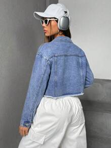 SHEIN PETITE Drop Shoulder Raw Hem Denim Jacket - Medium Wash - View 2