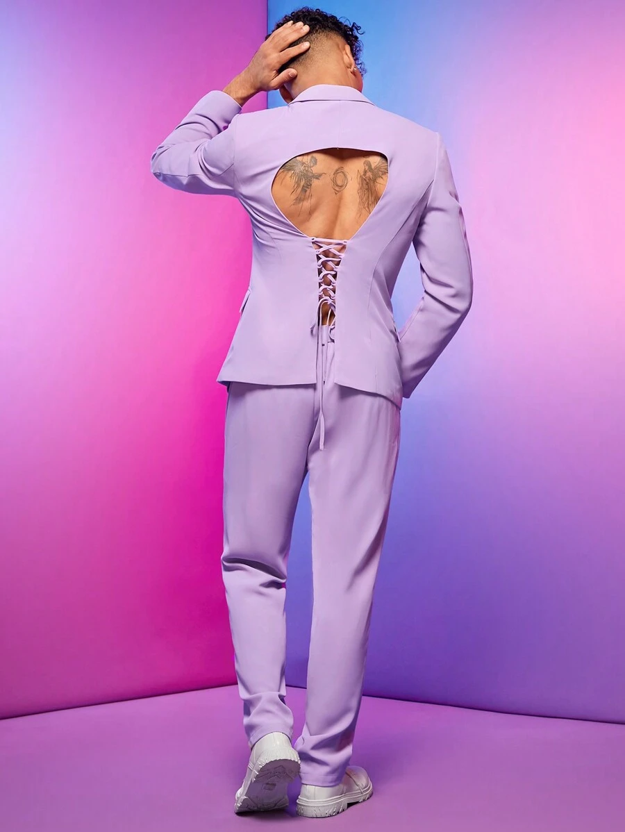 FeverCity 男士露背繫帶西裝外套和褲子套裝 - 黑色 - 查看 1