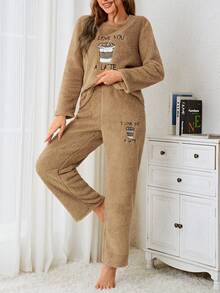 Coffee & Letter Embroidery Flannel PJ Set - Mocha Brown - View 3