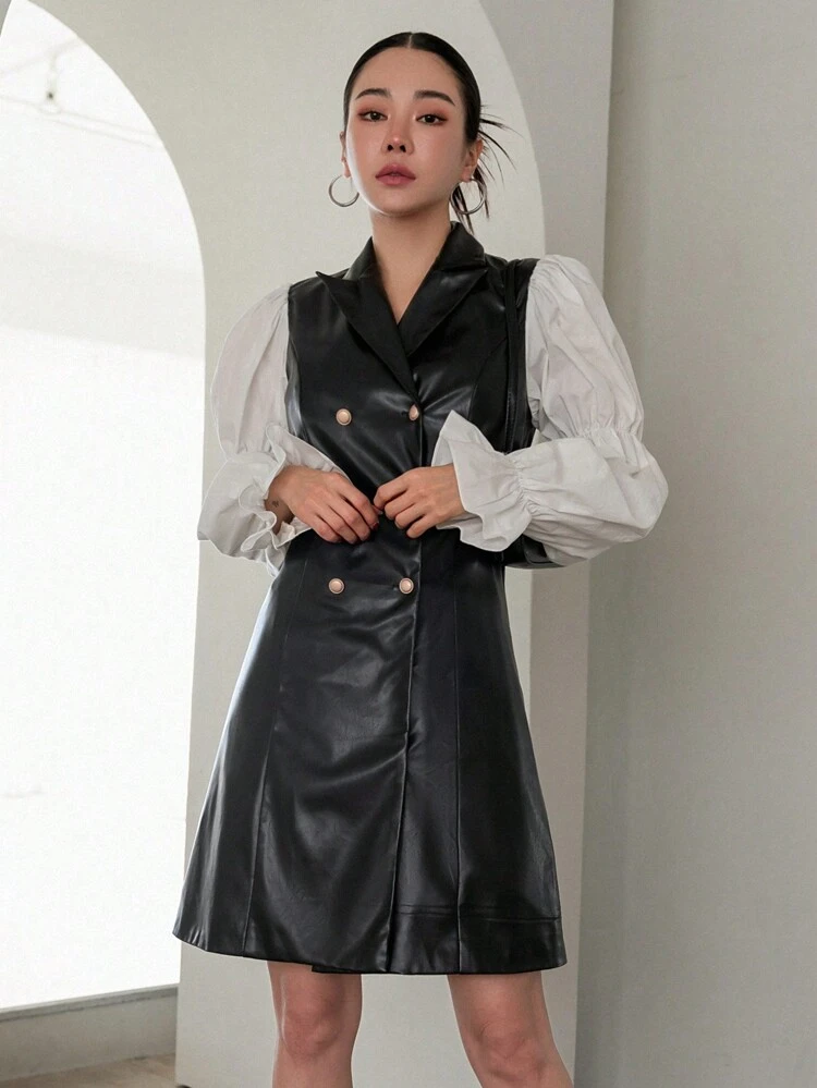 Two Tone Flare Sleeve Double Breasted PU Leather Coat,Ruffle,Fall Clothes Women Jacket