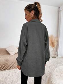 SHEIN Essnce 素色前紐扣燈芯絨襯衫 - 灰色 - 查看 2