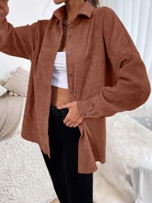 SHEIN Essnce Chất rắn Nút phía trước Thả vai Vải to sợi Áo sơ mi - Gỗ đỏ - Xem 4