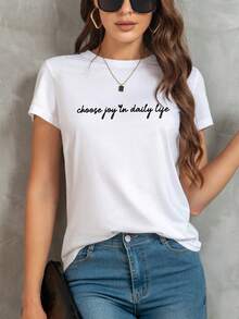 SHEIN EZwear Đồ họa Khẩu hiệu Áo thun - trắng - Xem 5