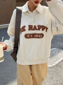 DAZY Đồ họa Chữ cái Cổ Polo Thả vai Áo nỉ - Màu be - Xem 1