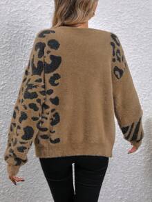 EMERY ROSE 豹紋圖案落肩袖套頭毛衣 - 駝色 - 查看 2