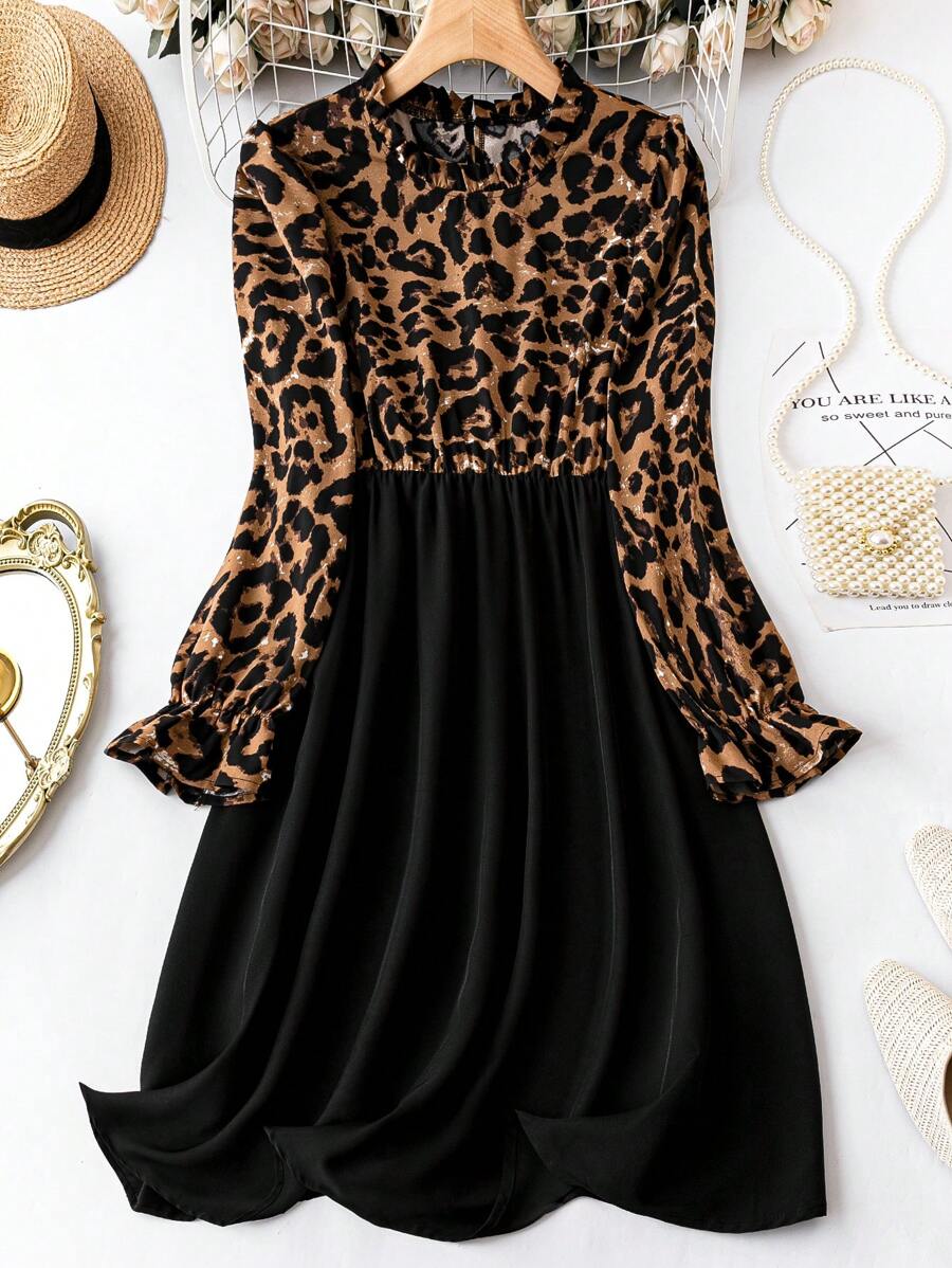 SHEIN LUNE Hơn In hoa Báo tay áo lá sen Đầm - Nhiều màu - Xem 1