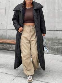 Flirla Plus Solid Belted Padded Padded Coat Clothes Winter - Black - View 3