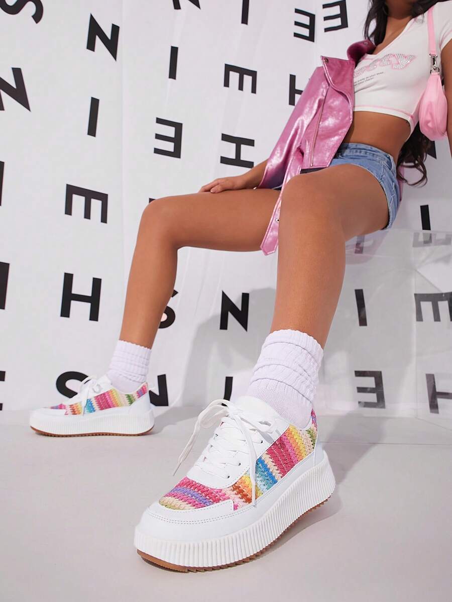 Colorblock Lace-up Front Skate Shoes - White - View 1