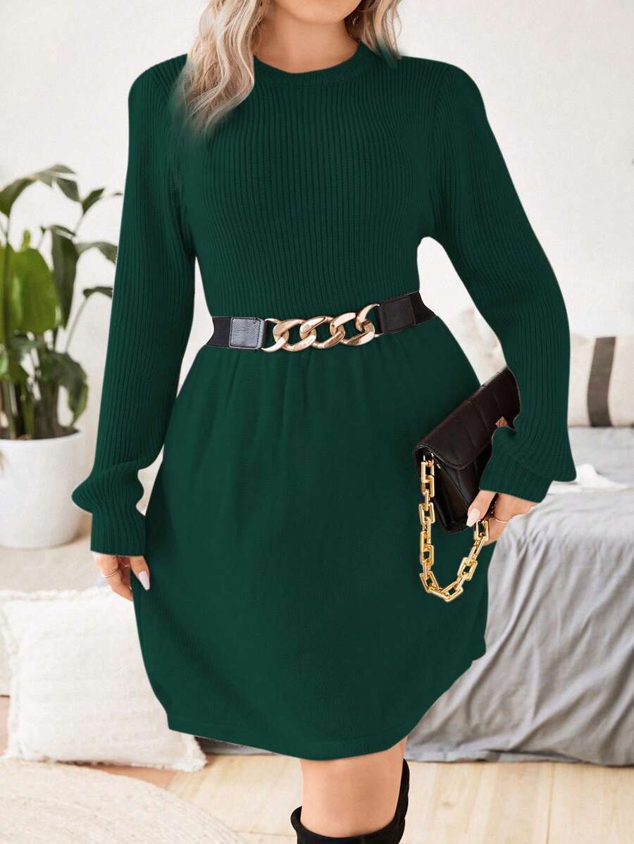 SHEIN Unity Plus Solid Ribbed Knit Sweater Dress Without Belt - Dark Green - View 1