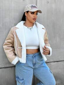 Flirla Plus Teddy Lined Zip Up Moto Jacket, For Winter - Multicolor - View 5