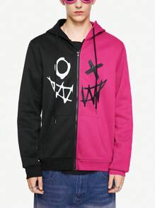 ROMWE MEN Street Life Men Two Tone Cartoon Graphic Drawstring Hoodie - Multicolor - View 5