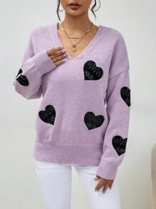 GENKIRA Suéter de punto con caída de hombros y estampado de corazones para otoño e invierno - Morado - Ver 4