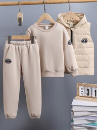 SHEIN Young Boy Letter Graphic Thermal Lined Sweatshirt & Sweatpants & Vest Hooded Jacket Chic Outfits For Autumn/Winter
